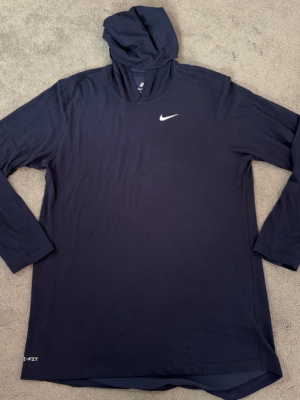 Nike Navy Long Sleeve Dri-FIT Hoodie Shirt with White Swoosh